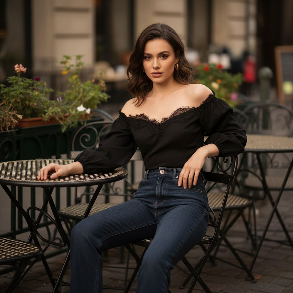 Lock and Love black off-shoulder top romantic bistro look